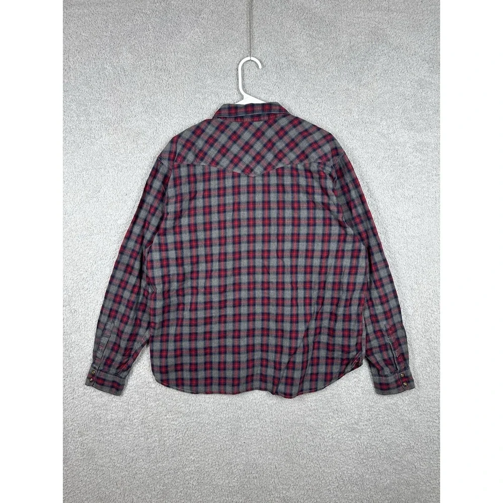 Lucky Brand Shirt XL Gray Red Plaid Pearl Snap Western Cowboy Flannel Button‎ Up